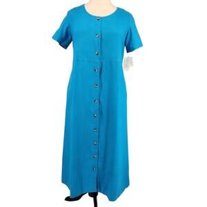 Vintage 90s Boho Button Front Cotton Midi Dress Blue Pockets Size 12